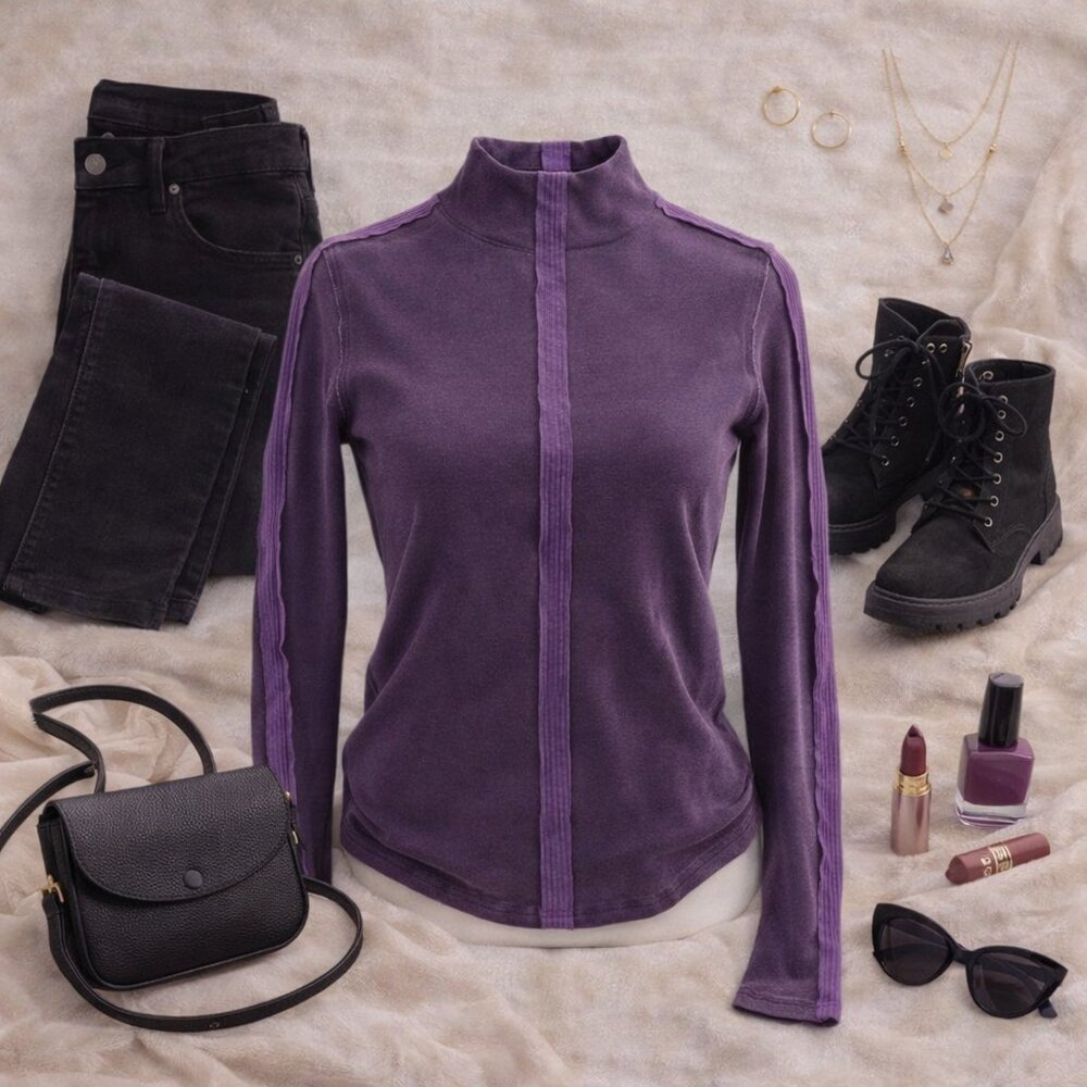 💙 Purple Mock Neck Long Sleeve Top Contrast Seam Detail Size S/M Casual